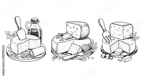 Cheese wedge set with rustic carved texture, leaves and herbs, cutlery icons, and vintage food drawing style for menu design