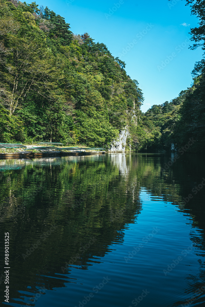 Obraz premium Serene Geibikei Gorge River with Lush Green Cliffs in Iwate Japan