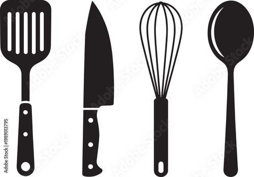 Black and white silhouette of kitchen utensils including spatula knife whisk and spoon