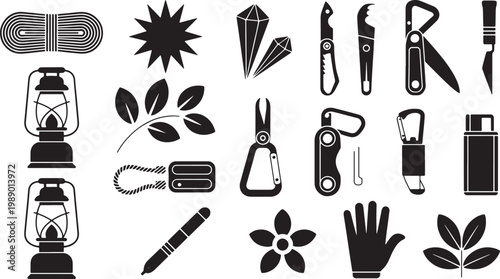 Black and white set of camping and survival gear and nature camping gear survival tools