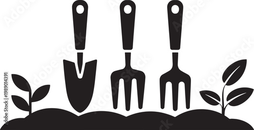 Black silhouette of gardening tools and young plants in soil