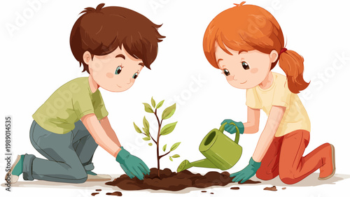 Joyful young children actively participating in tree planting, contributing to environmental conservation and nature's growth