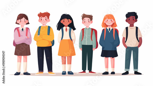 Vibrant illustration showcasing a diverse group of young students with backpacks, ready for school activities