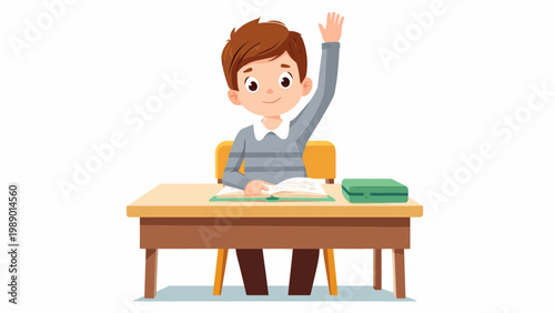 Enthusiastic young student raising hand in classroom, eager to answer question or participate actively during lesson