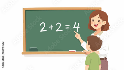 Teacher explaining mathematical equation 2+2=4 to a young student in front of a blackboard illustration