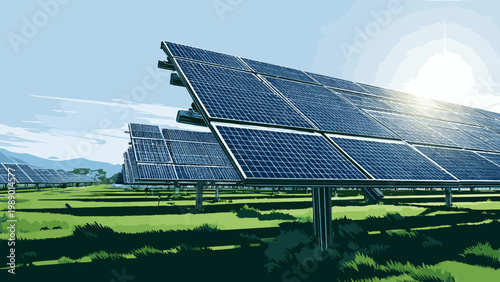 Vast solar farm under bright sun, generating clean renewable energy for the future