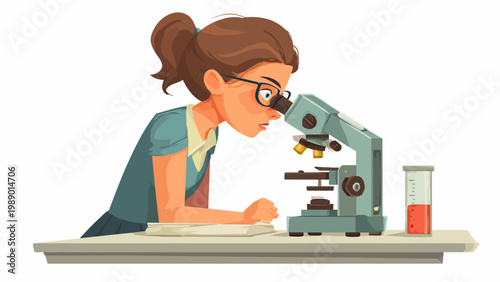 Woman Wearing Glasses Looking Through a Microscope in a Laboratory Setting