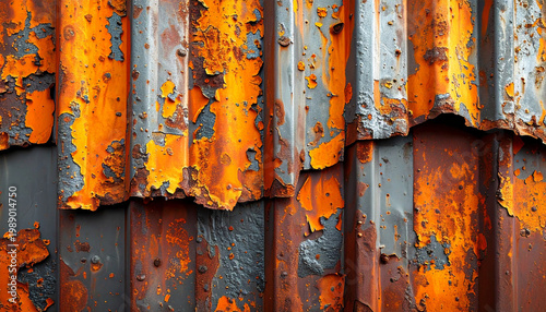 Vertical orientation featuring vertical ridges with jagged, flaking edges and intense rust patches.