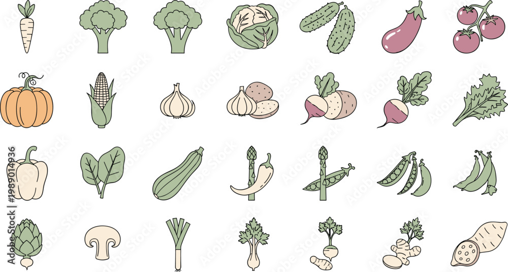 Fototapeta premium Assortment of fresh vegetables and fruits flat vector icons on white background for healthy food.