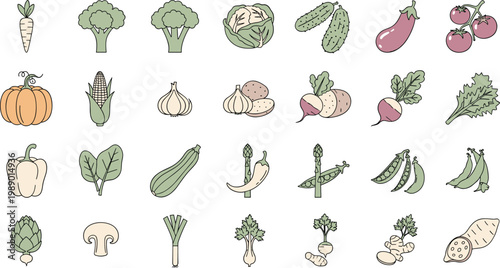 Assortment of fresh vegetables and fruits flat vector icons on white background for healthy food.