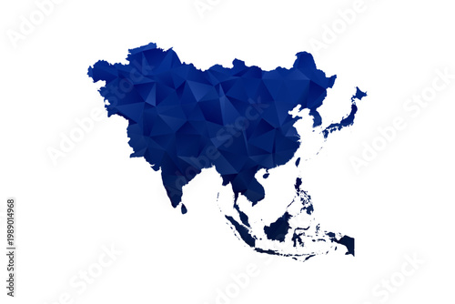 Asia Map - Polygon Style Vector Illustration in Dark Blue Gradient, Low Poly Geometric Design, Isolated on White Background for Infographics and Education.