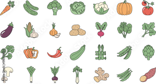 Colorful vegetables and fruits flat line style vector icons set on white background for health food.