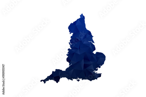 England Map - Polygon Style Vector Illustration in Dark Blue Gradient, Low Poly Geometric Design, Isolated on White Background for Infographics and Education.