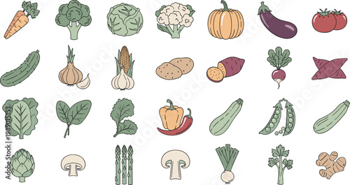 Collection of fresh organic vegetables depicted as simple colorful icons in flat design style.