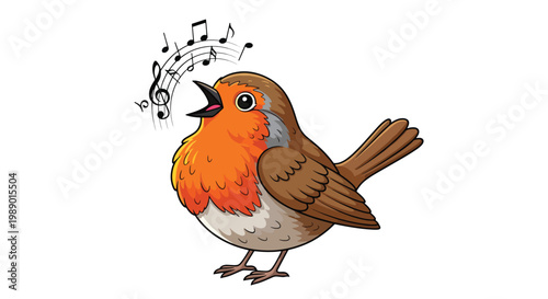 Cute singing robin bird with musical notes