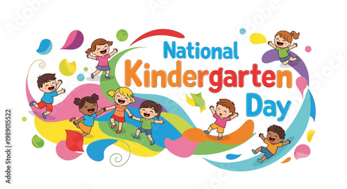 A cheerful National Kindergarten Day vector illustration showcases diverse children joyfully playing and sliding amidst vibrant, swirling colors and playful shapes on a bright white