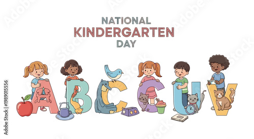 A colorful vector illustration celebrating National Kindergarten Day, featuring diverse cartoon children playfully interacting with oversized alphabet letters against a clean white