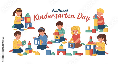 Cheerful kindergarten students are depicted in a playful vector illustration, happily engaging in classroom activities and early learning development with building blocks and puzzles