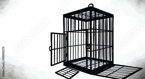 A stark black silhouette of an open birdcage against a bright white background high quality professional