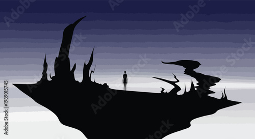 A solitary figure stands amidst a stark silhouetted landscape of jagged peaks high quality professional detailed