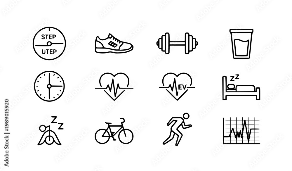 Fototapeta premium Thin line EcoTrack fitness app icon set with workout tracking and health monitoring symbols for mobile UI design