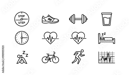 Thin line EcoTrack fitness app icon set with workout tracking and health monitoring symbols for mobile UI design