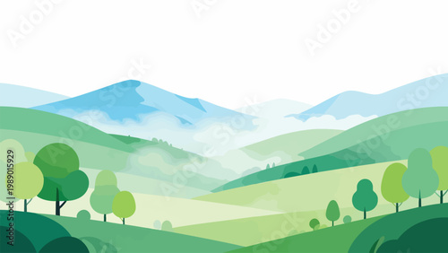 Mountain landscape with green hills and blue sky in a natural countryside scene vector illustration