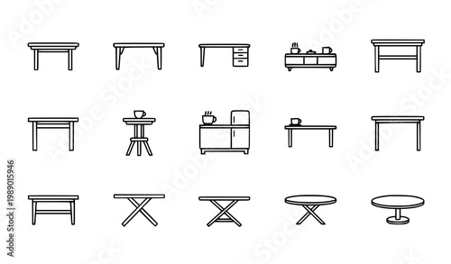 Table line icon set with furniture outline vector illustration including dining office and coffee tables isolated on white background