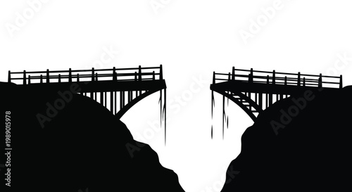 A stark black silhouette depicts a broken bridge with a large gap in between high quality