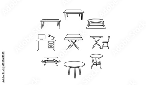 Table line art vector icon set with detailed furniture outline designs for home and office interior illustration