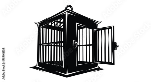 A vintage black and white illustration of an open ornate birdcage design high quality professional detailed