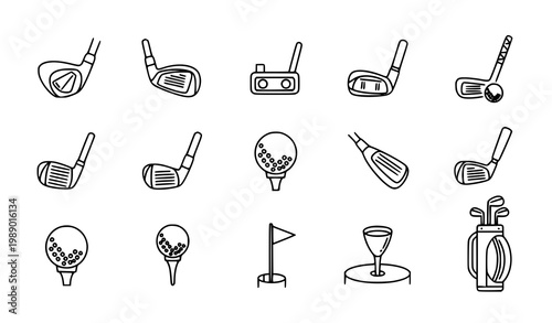 Golf club line icon set with sports equipment outline vector illustration for golf game and sports design