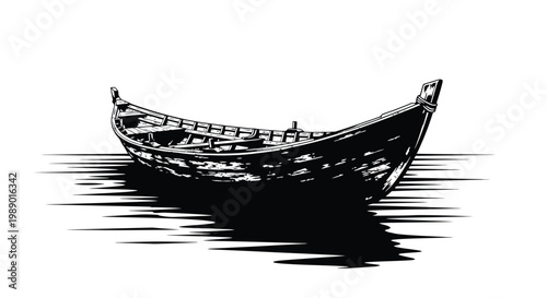 A detailed black and white illustration of a small wooden rowboat on water high quality professional