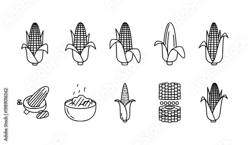 Corn on the cob line icon set with different corn variations thin outline vegetable food illustration isolated on white background