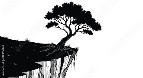 A stark silhouetted tree clings to the edge of a dramatic rocky cliff high quality professional