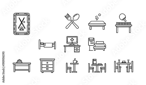 Modern line table icons collection with dining billiards ping pong and medical table symbols in minimal outline style