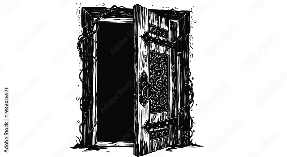Fototapeta premium An ornate gothic style wooden door stands open to a dark mysterious void high quality professional