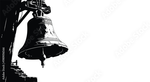 A striking black and white image showcases a large ornate church bell hanging prominently high quality
