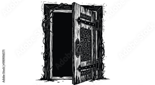 An ornate gothic style wooden door stands open to a dark mysterious void high quality professional