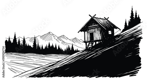 A solitary wooden cabin sits perched on a hillside amidst a mountainous landscape high quality professional