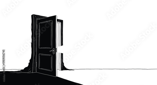 A stark black door stands ajar revealing a bright undefined opening high quality professional detailed modern