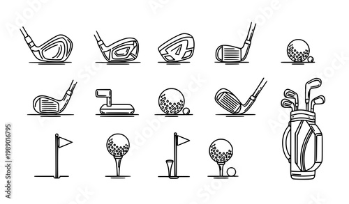 Minimal golf club line art illustration set with sports equipment icons for modern golf branding and UI design