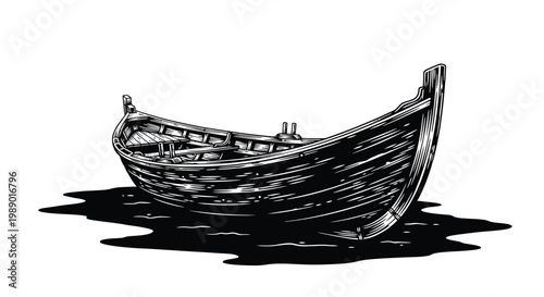 A detailed black and white illustration of a classic wooden rowing boat high quality professional modern