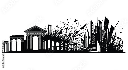 A striking black and white illustration depicts a cityscape transitioning from ruins high quality professional detailed