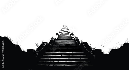 A striking black and white photograph of a mayan pyramid staircase ascending high quality professional detailed
