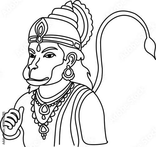 Hanuman Line Art Illustration Hindu Mythology Character Outline Drawing