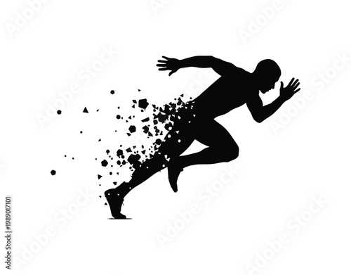 Fast sprinter silhouette launching forward with geometric polygonal elements.