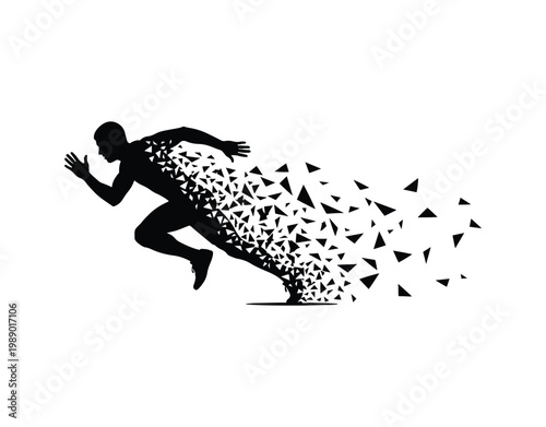 Abstract running man silhouette in sprint motion with polygonal particle effect.