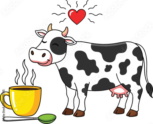 Cute Cartoon Cow with Love Heart and Hot Tea Cup Farm Animal Dairy Concept Vector Illustration