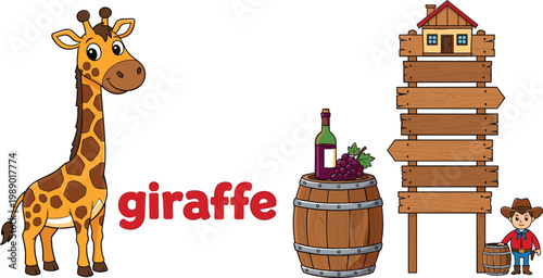 Cute Cartoon Giraffe with Text, Wooden Signpost with House, Wine Barrel with Grapes and Cowboy Character Vector Illustration Set